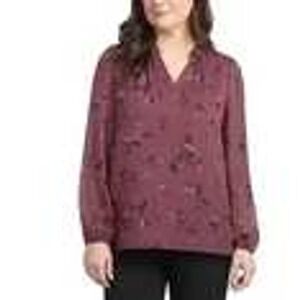 Hilary Radley Womens Long Sleeve Floral Split V-Neck Blouse 1893470 Blk/Burgundy